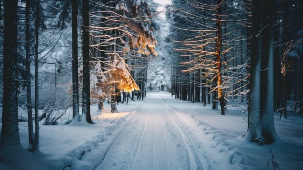 Winter path through a forest with snow laden branches.