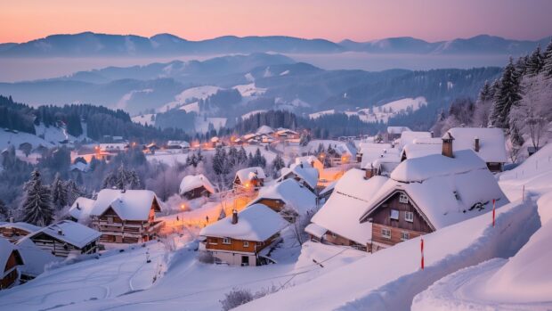 Winter scene desktop wallpaper 2K with a snow covered village at sunset.