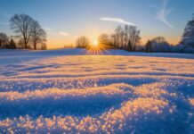 Winter sunrise casting a warm glow over snow covered fields, 4K desktop background.