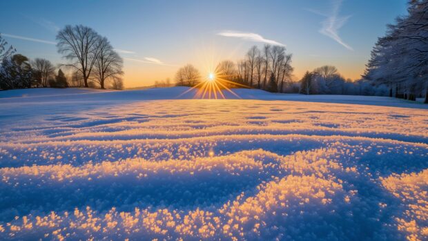 Winter sunrise casting a warm glow over snow covered fields, 4K desktop background.