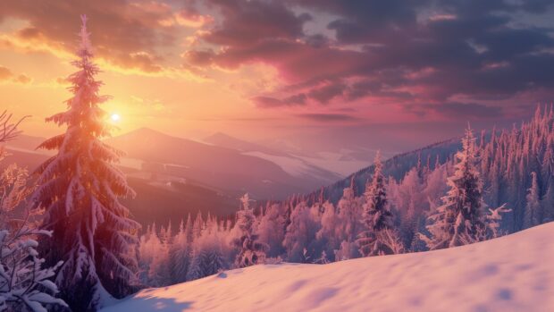 Winter sunset casting pink and orange hues over snowy mountains, Landscape Wallpaper HD.