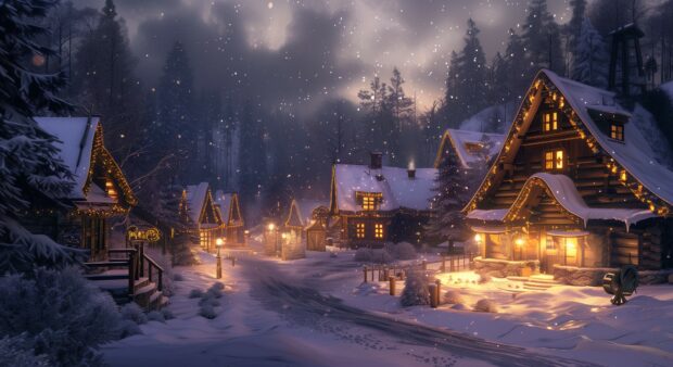 Winter village illuminated by warm street lights and falling snow.