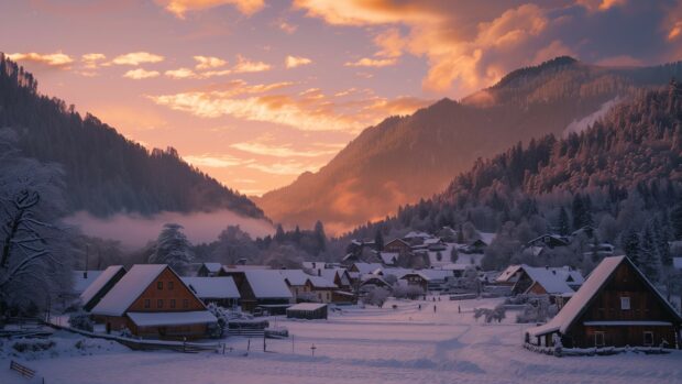 Winter wallpaper with snowy village at sunset with pink clouds.