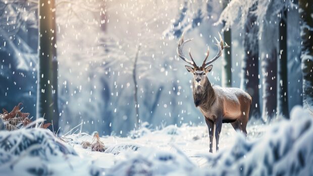 Winter wildlife scene 4K resolution with a deer standing in the snowy woods.