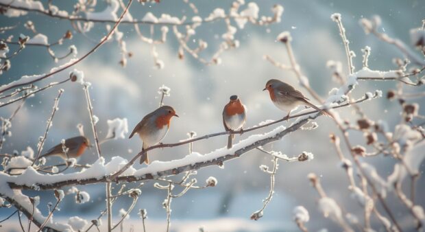 Winter wildlife wallpaper with birds perched on snowy branches.