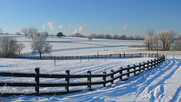 Winter wonderland 4K desktop wallpaper with snow covered fields and fences.