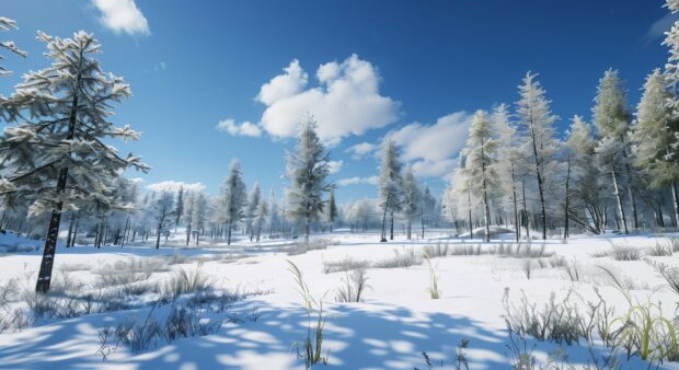 Winter wonderland with frosty pine forests and clear blue skies.