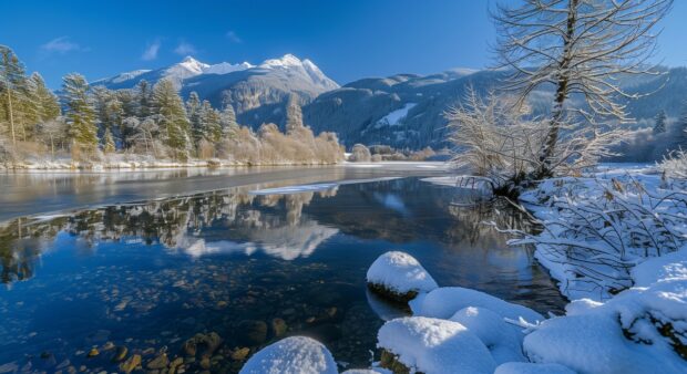 Winter wonderland with snow covered mountains and a pretty blue sky.