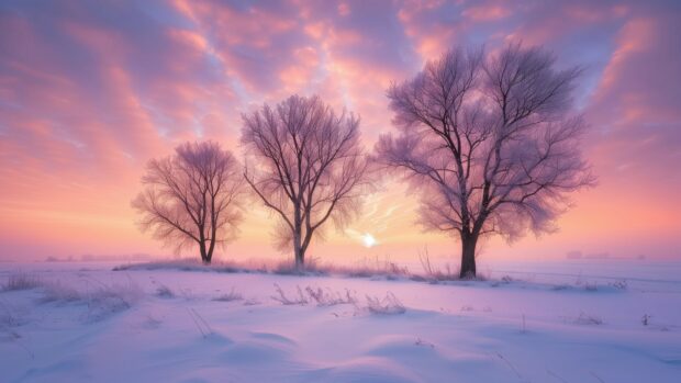 Wintery landscape 4K desktop wallpaper with pink horizon.