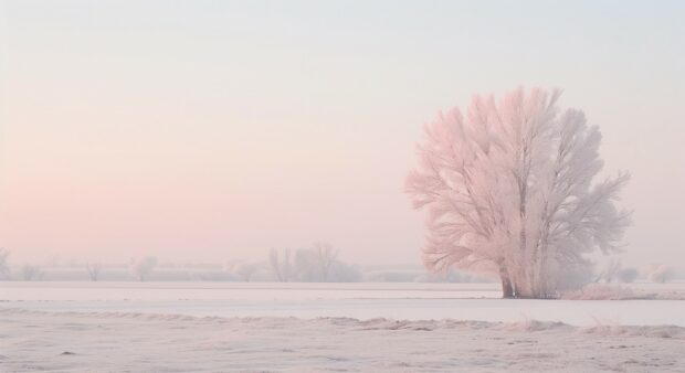 Wintery landscape background with pink horizon.