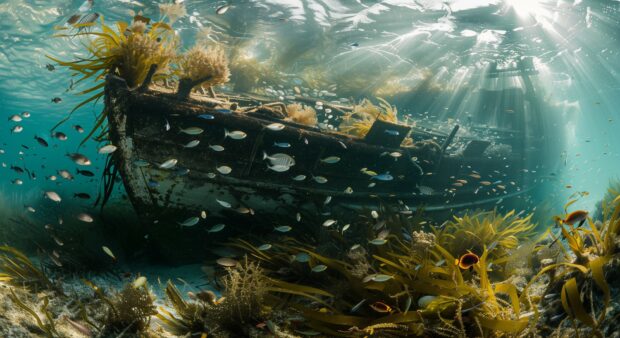 Witness the eerie beauty of an underwater shipwreck slowly being reclaimed by nature, surrounded by schools of curious fish and swaying sea plants.