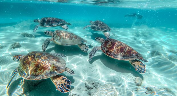 Witness the graceful movements of sea turtles gliding through the clear blue ocean.