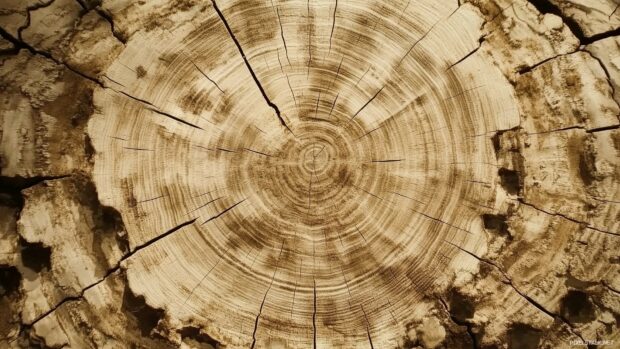 Wood background with a close up of a tree trunk cross section showing annual rings and natural imperfections.