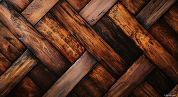 Wooden desktop background with a herringbone pattern of wooden planks in a rich, walnut finish.