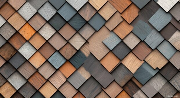 Wooden desktop background with a pattern of interlocking wooden tiles in varying shades of brown.