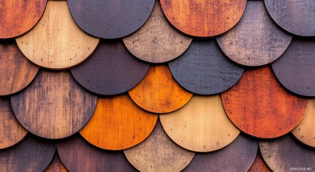 Wooden desktop background with a pattern of wooden shingles with varied tones and rustic charm.