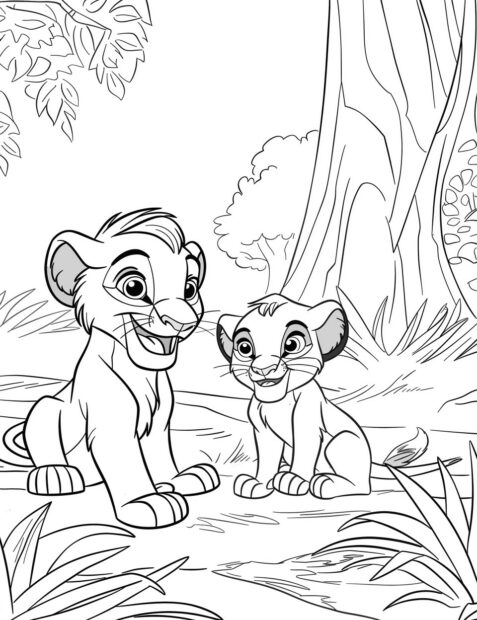 Young Simba playing with Nala in the savannah, Lion king coloring pages.