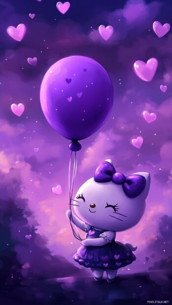 iPhone background with Hello Kitty holding a kawaii style purple balloon, with a background of a dreamy purple sky and floating hearts.