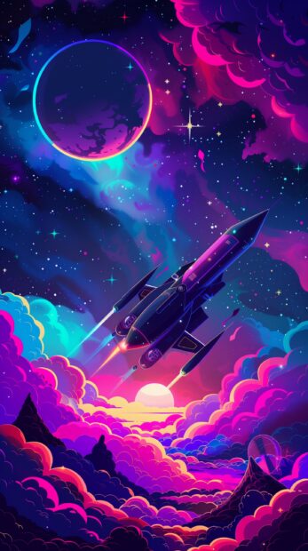 iPhone wallpaper galaxy with a neon lit spaceship flying through a colorful galaxy, featuring retro futuristic elements and a glowing star field.