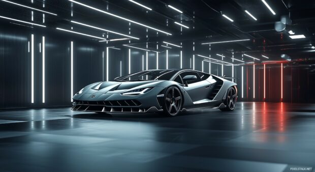 1080P Car Desktop Wallpaper with a Lamborghini Centenario in matte gray, showcased in a high end studio with dramatic spotlighting emphasizing its sharp lines.