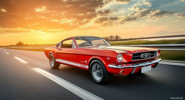 1080P Car Wallpaper HD with a classic 1960s Ford Mustang GT in red, cruising down an open highway with a dramatic sunset in the background.