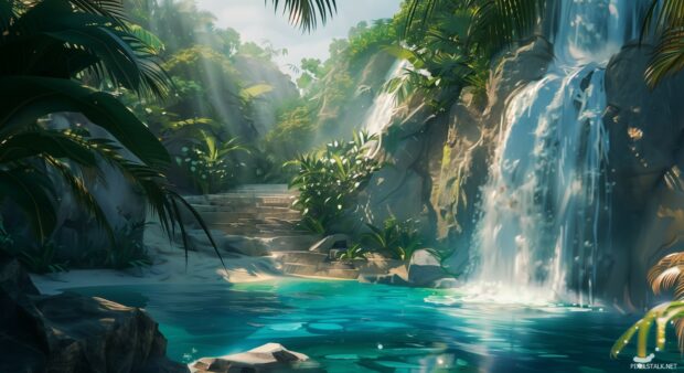 1080p Desktop Wallpaper Nature with majestic waterfall cascading into a crystal clear pool, surrounded by tropical foliage.