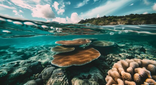 1080p HD Image Nature  with a coral reef seen through the clear blue ocean water.