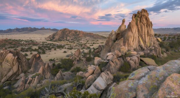 1080p HD Wallpaper Nature with desert landscape at sunset, dramatic red rock formations, colorful sky.