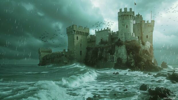 1080p PC background  with a medieval castle perched on a cliff overlooking a stormy sea.