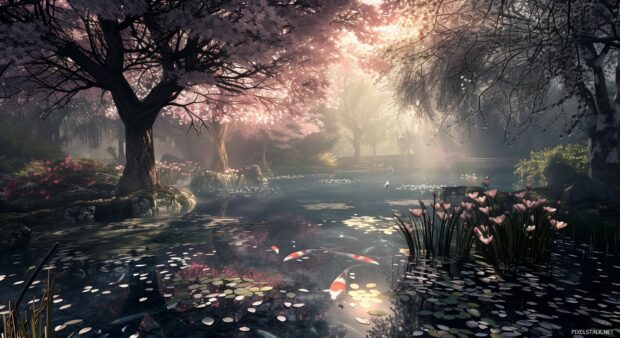 1080p Wallpaper full HD tranquil Japanese garden with a koi pond and cherry blossoms.