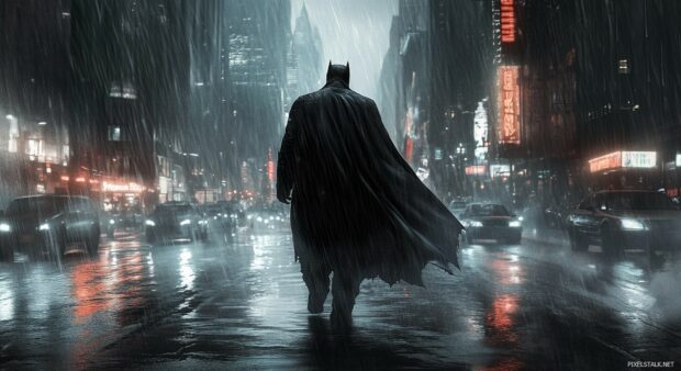 1080p Wallpaper full HD with Batman walking through a rain soaked Gotham street.