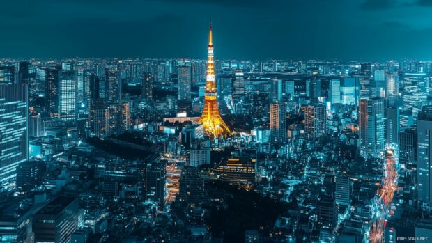 1080p Widescreen Wallpaper HD with iconic landmarks like the Tokyo Tower, vibrant neon lights, and busy streets.