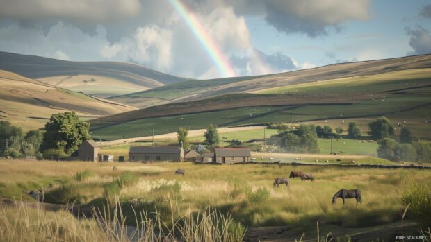 1080p Widescreen Wallpaper with a rainbow over a rustic countryside scene, with rolling hills and a small farmhouse.