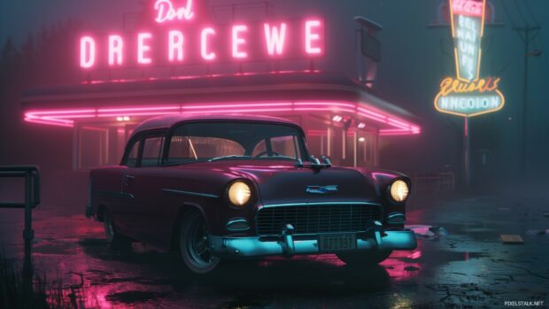 1080p background cool car in front of a retro diner with neon signs.