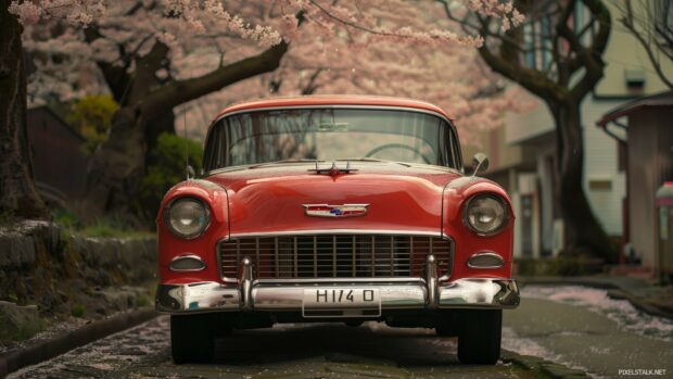 1080p background with a classic cool car parked under cherry blossom trees.