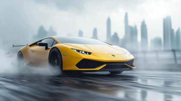 1080p car background with a Lamborghini Huracán in a controlled drift on a luxury race circuit.