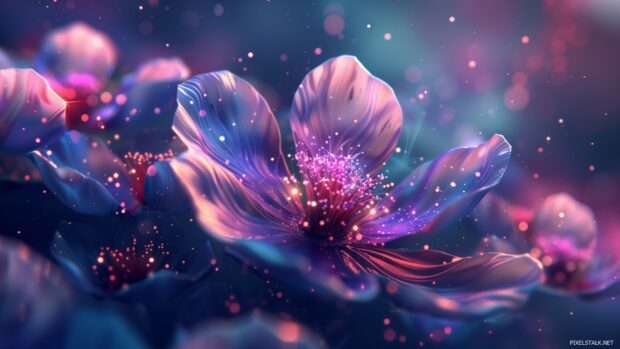 1080p cool wallpaper with abstract cosmic flowers, galaxy background, bright petals.