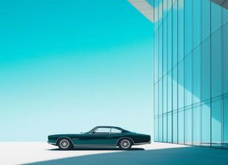 1080p full HD background with a luxury car parked in front of a modern glass building under a clear blue sky.