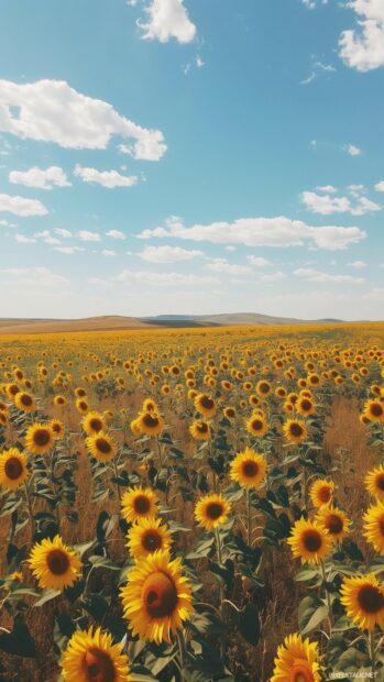 1080x1920 Background with a field of vibrant sunflowers stretching towards the horizon under a bright blue sky.