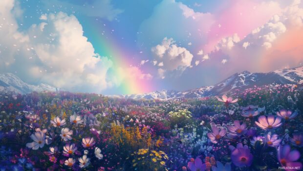 1920x1080 Wallpaper with a rainbow appearing over a field of blooming wildflowers.