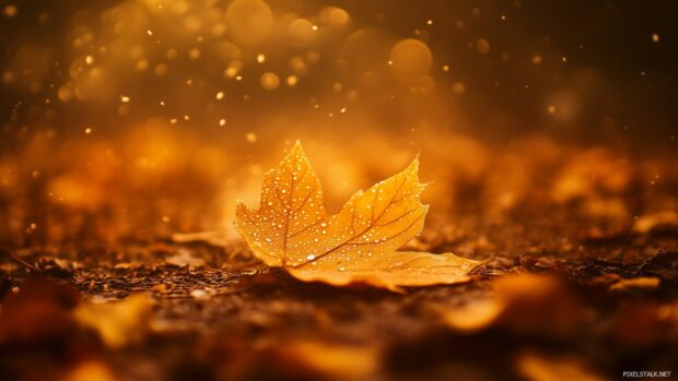 1920x1080 background with a close up shot of a single dew covered leaf with crisp focus on the droplets, set against a soft blurred background.