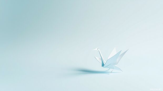 1920x1080 wallpaper with a delicate paper crane on a light gradient background in soft blue and gray tones, symbolizing elegance and simplicity.