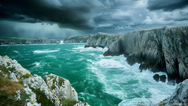 1920x1080HD Wallpaper with an expansive view of a stormy sea under dark, dramatic clouds, waves crashing against rugged cliffs.