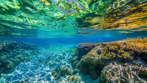 1920×1080 HD Wallpaper  with a coral reef seen through the clear blue ocean water.