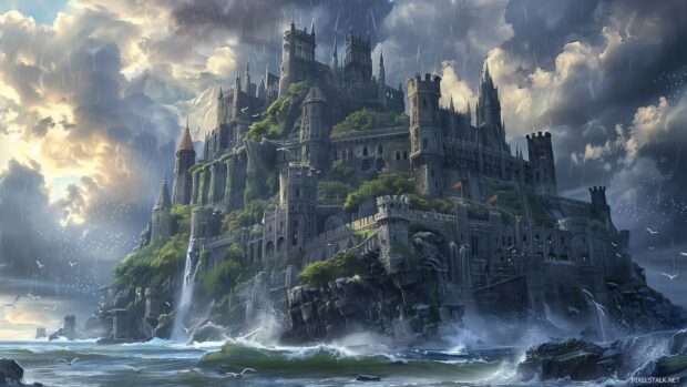 1920×1080 Wallpaper with a medieval castle perched on a cliff overlooking a stormy sea.