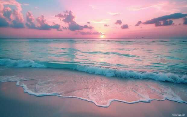 1920×1200 Wallpaper with Pink Sunset Wallpaper HD, calm ocean waves, pastel sky, glowing sun, beautiful scenery.