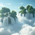 3D Background 1080p featuring floating islands with waterfalls cascading into the clouds.