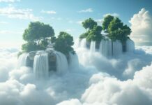 3D Background 1080p featuring floating islands with waterfalls cascading into the clouds.