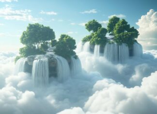 3D Background 1080p featuring floating islands with waterfalls cascading into the clouds.