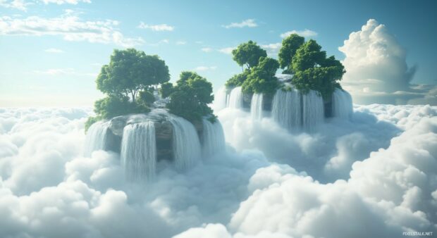 3D Background 1080p featuring floating islands with waterfalls cascading into the clouds.